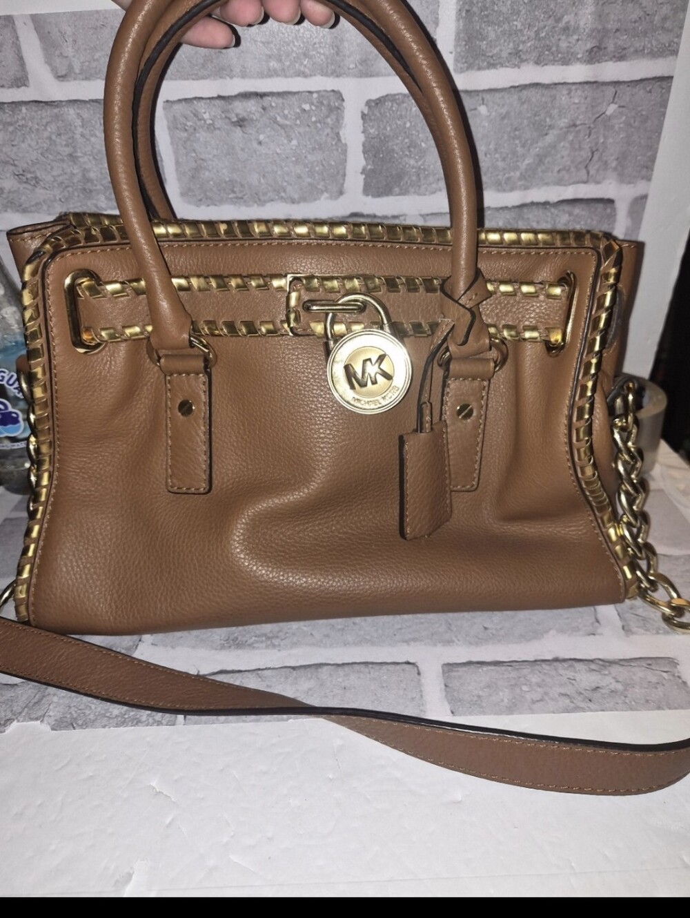 Michael Kors Hamilton Satchel Brown Leather Gold Chain Whipped Trim Classic